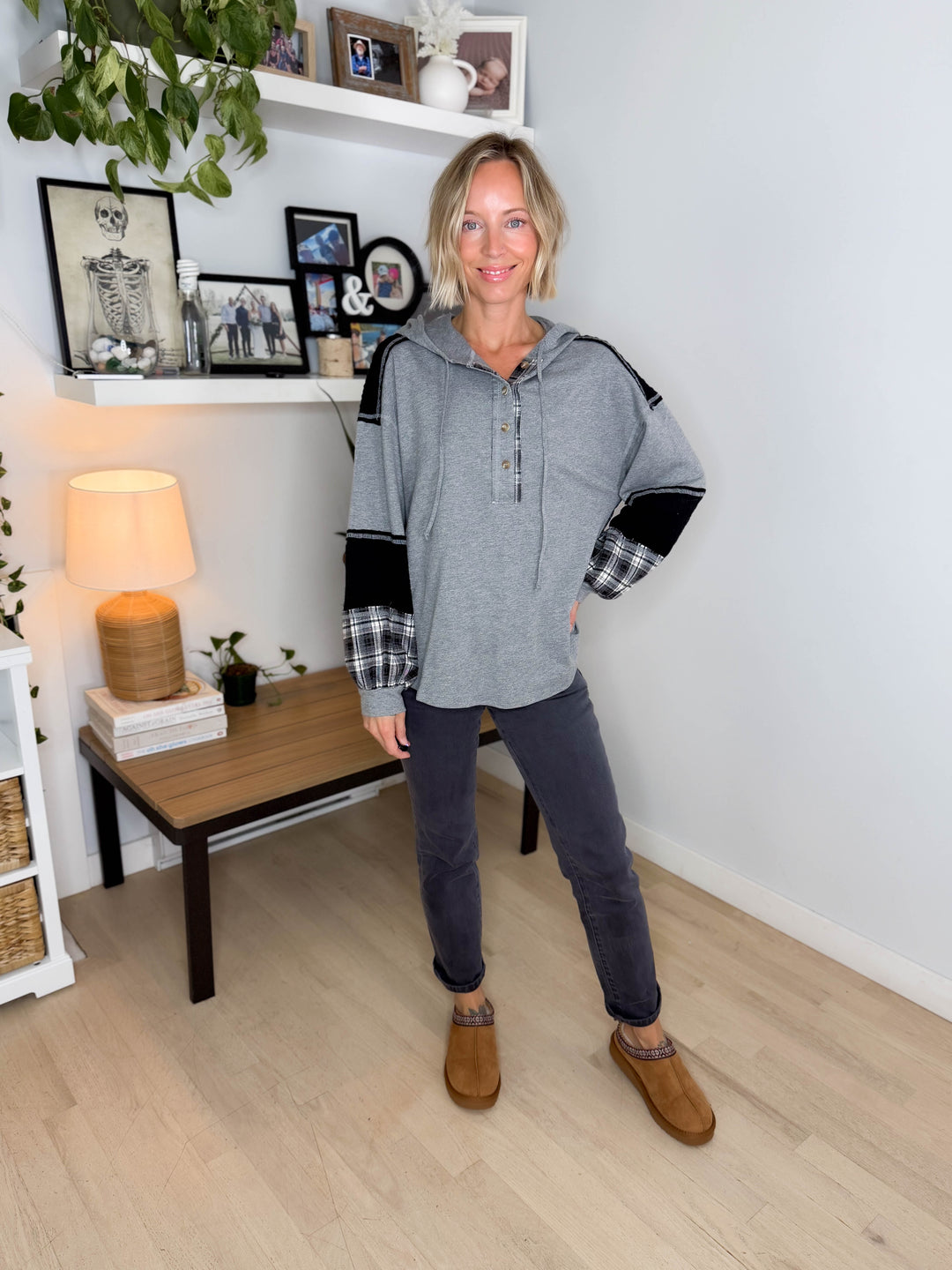 Maren Plaid Cotton Hoodie- HEATHER GREY
