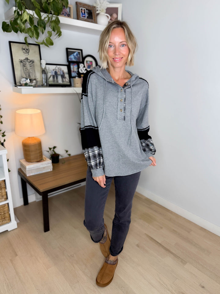 Maren Plaid Cotton Hoodie- HEATHER GREY