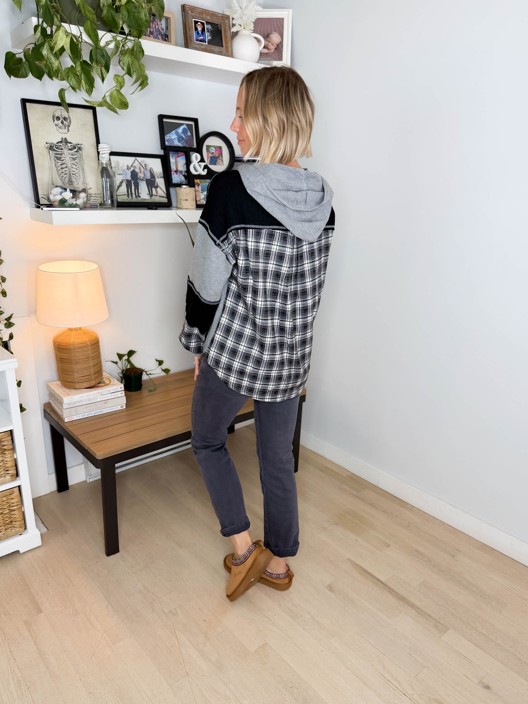 Maren Plaid Cotton Hoodie- HEATHER GREY