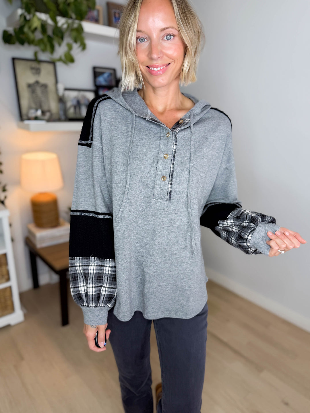 Maren Plaid Cotton Hoodie- HEATHER GREY