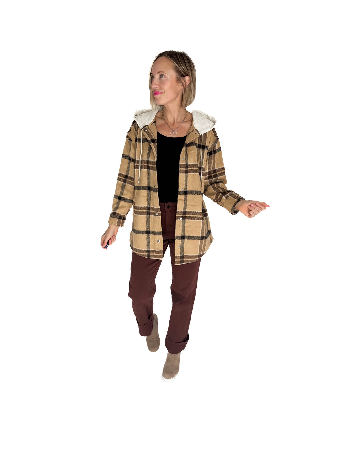 Cocoa + Cream Plaid Hooded Shacket- CAMEL