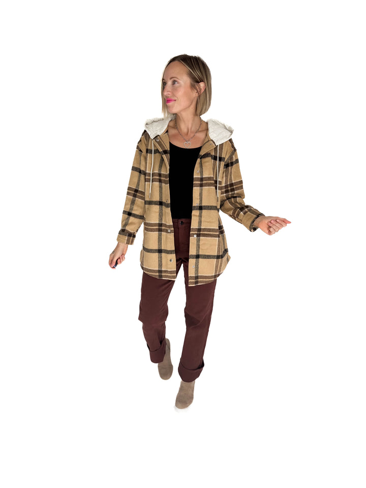 Cocoa + Cream Plaid Hooded Shacket- CAMEL