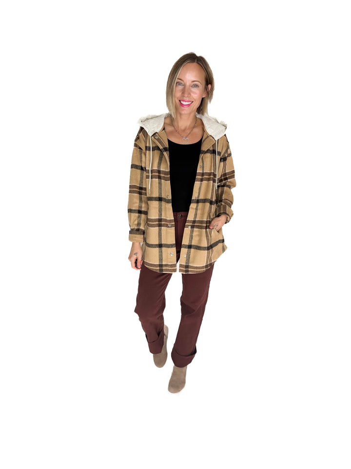 Cocoa + Cream Plaid Hooded Shacket- CAMEL