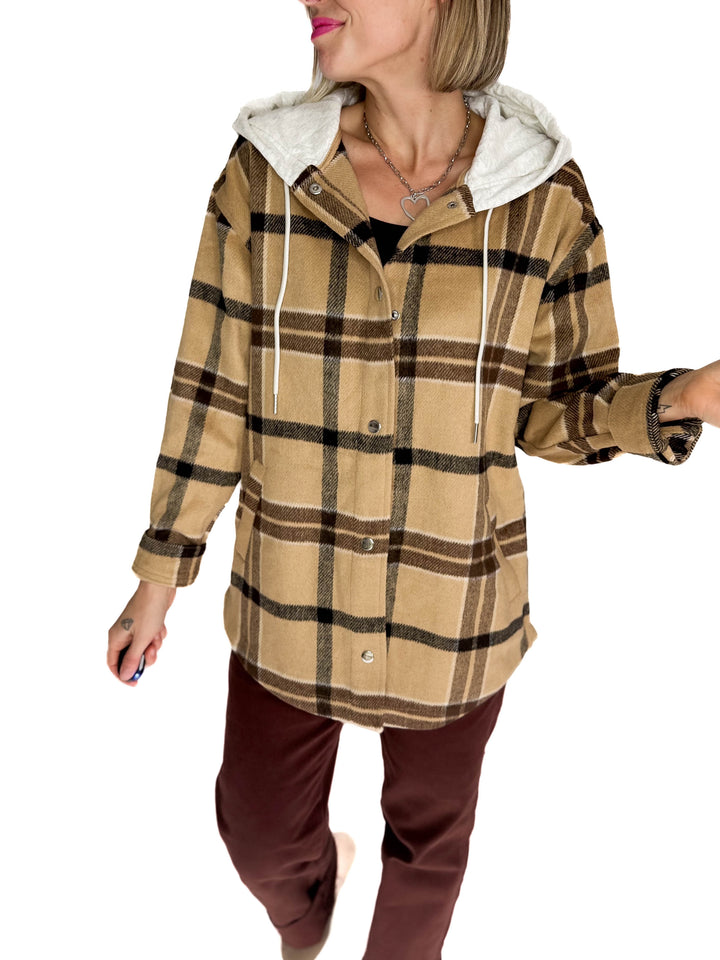 Cocoa + Cream Plaid Hooded Shacket- CAMEL