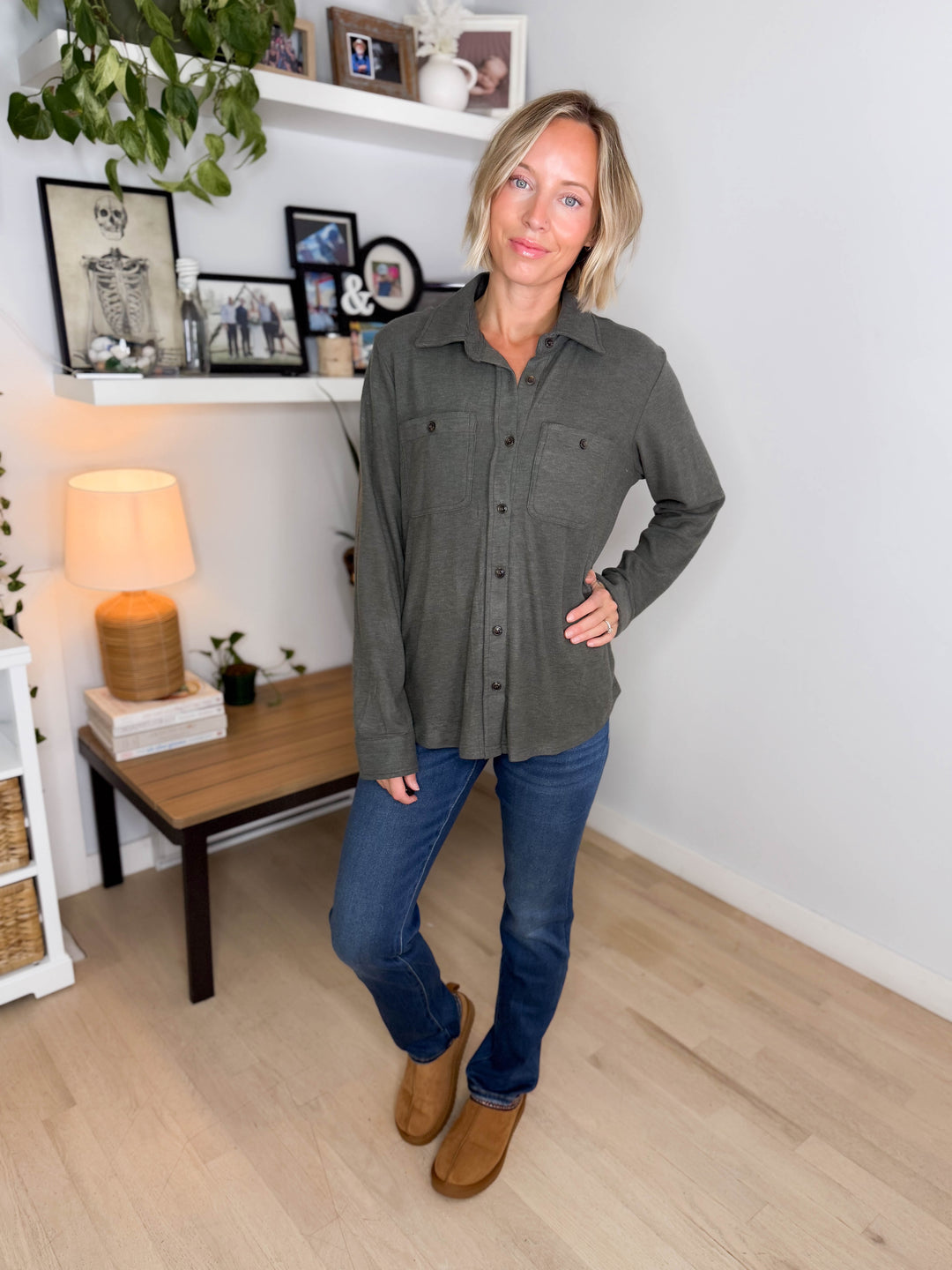 Arabella Plaid Button Up Shacket- DARK OLIVE