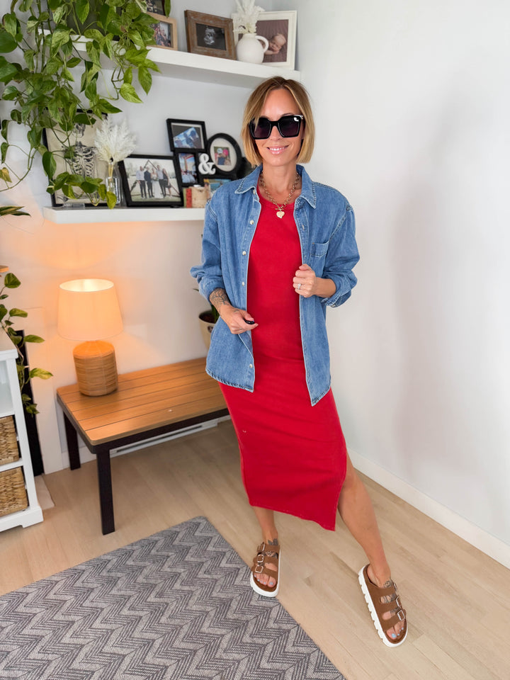 Patricia Ribbed Midi Dress- RED