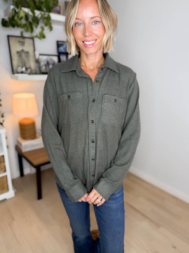 Arabella Plaid Button Up Shacket- DARK OLIVE