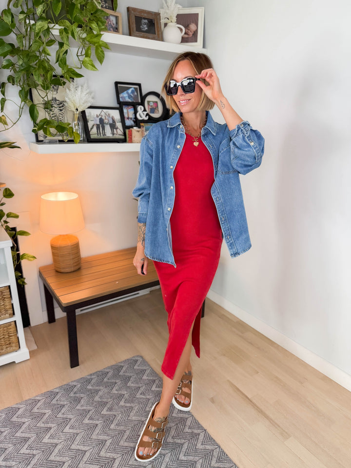 Patricia Ribbed Midi Dress- RED