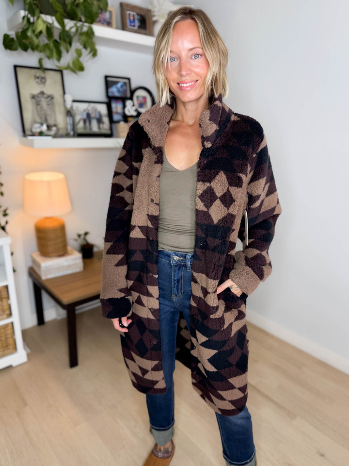 Ainsley Longline Sherpa Jacket- COFFEE BEAN