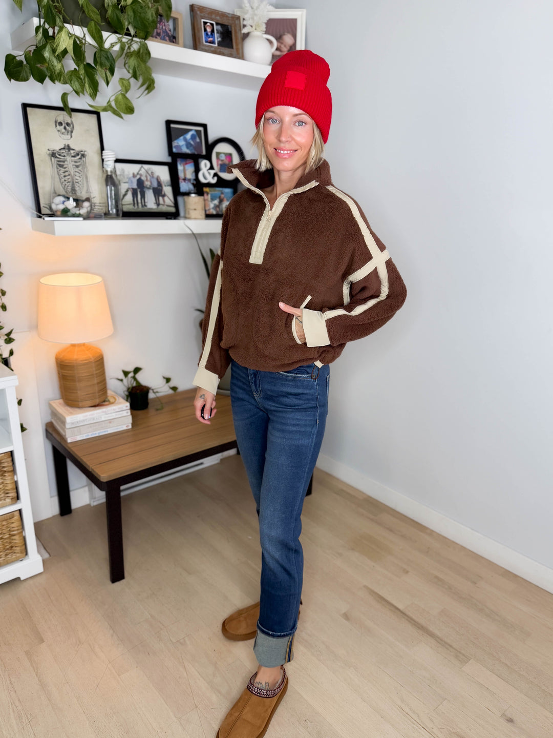 Justina Half Zip Sherpa Fleece Pullover- BROWN