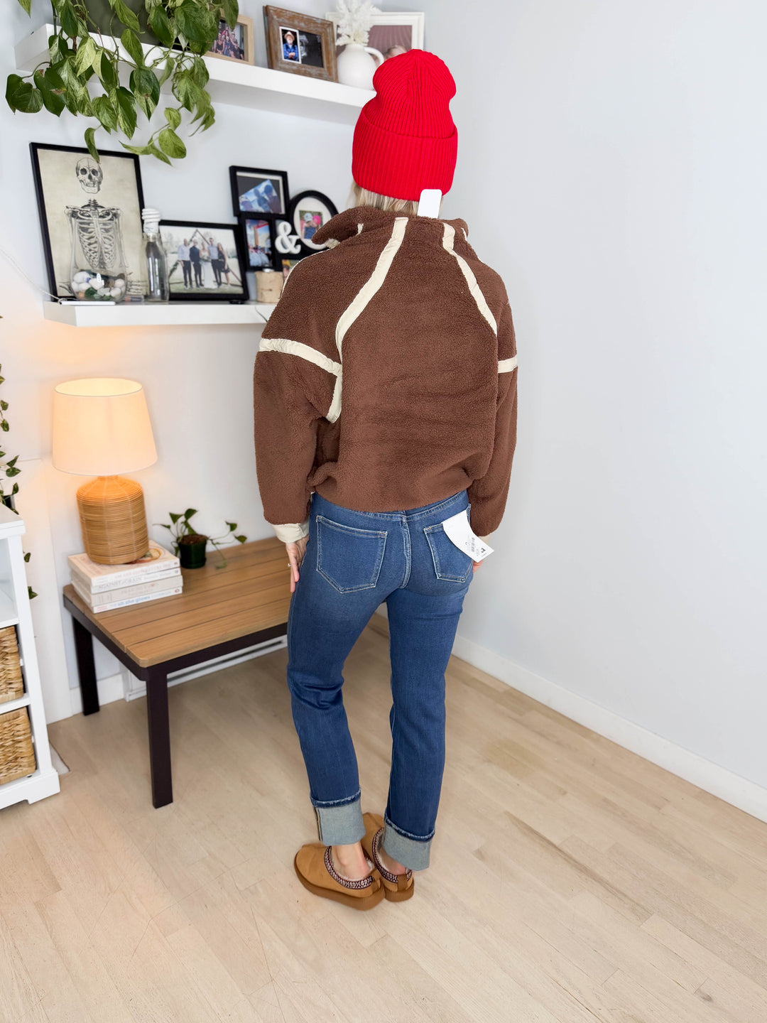 Justina Half Zip Sherpa Fleece Pullover- BROWN