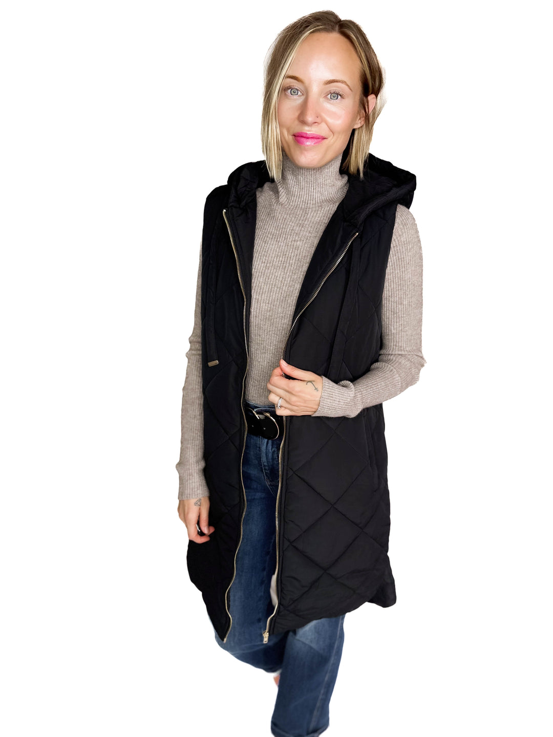 Glacier Girl Quilted Longline Vest- BLACK