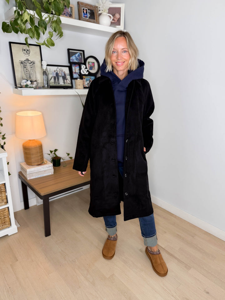 Woodrose Oversized Long Line Brushed Coat- BLACK