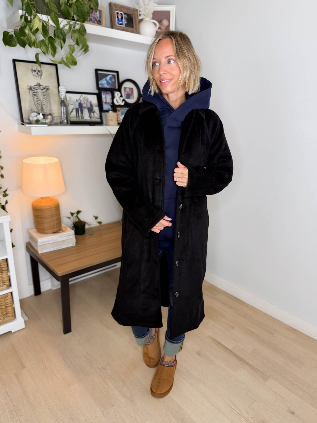Woodrose Oversized Long Line Brushed Coat- BLACK