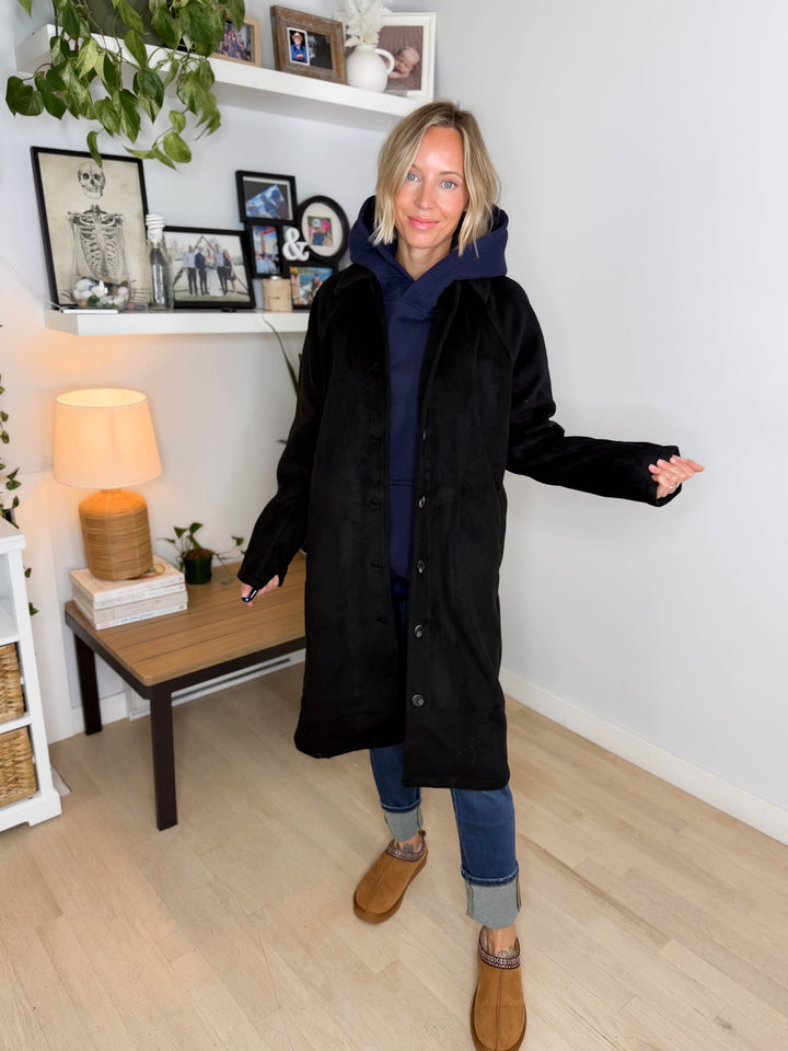 Woodrose Oversized Long Line Brushed Coat- BLACK