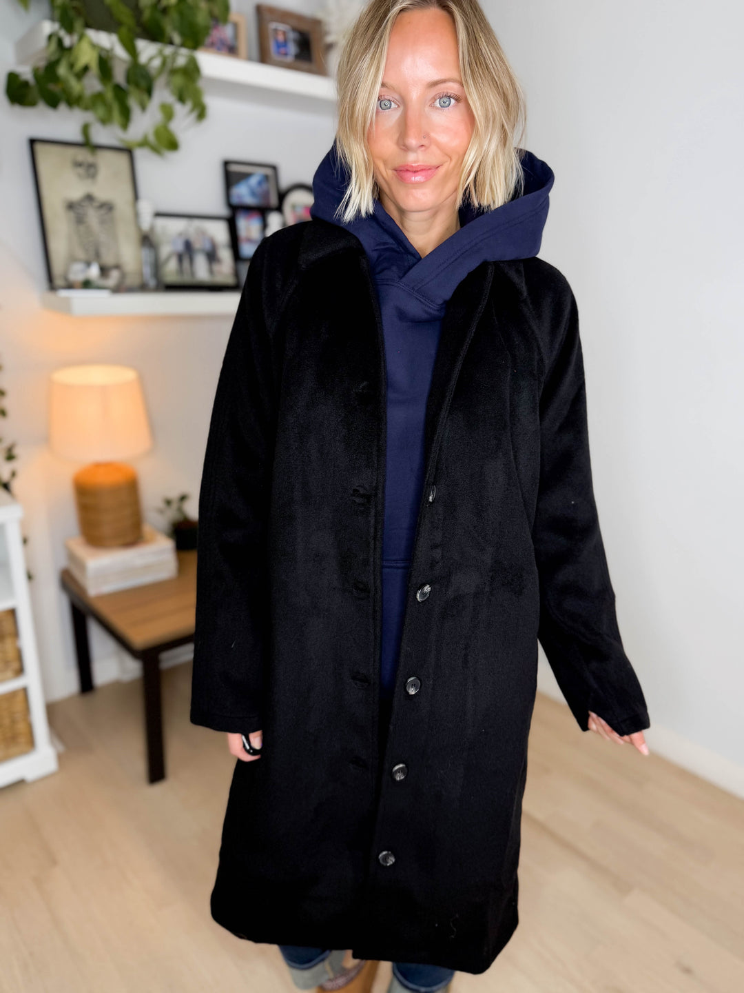 Woodrose Oversized Long Line Brushed Coat- BLACK