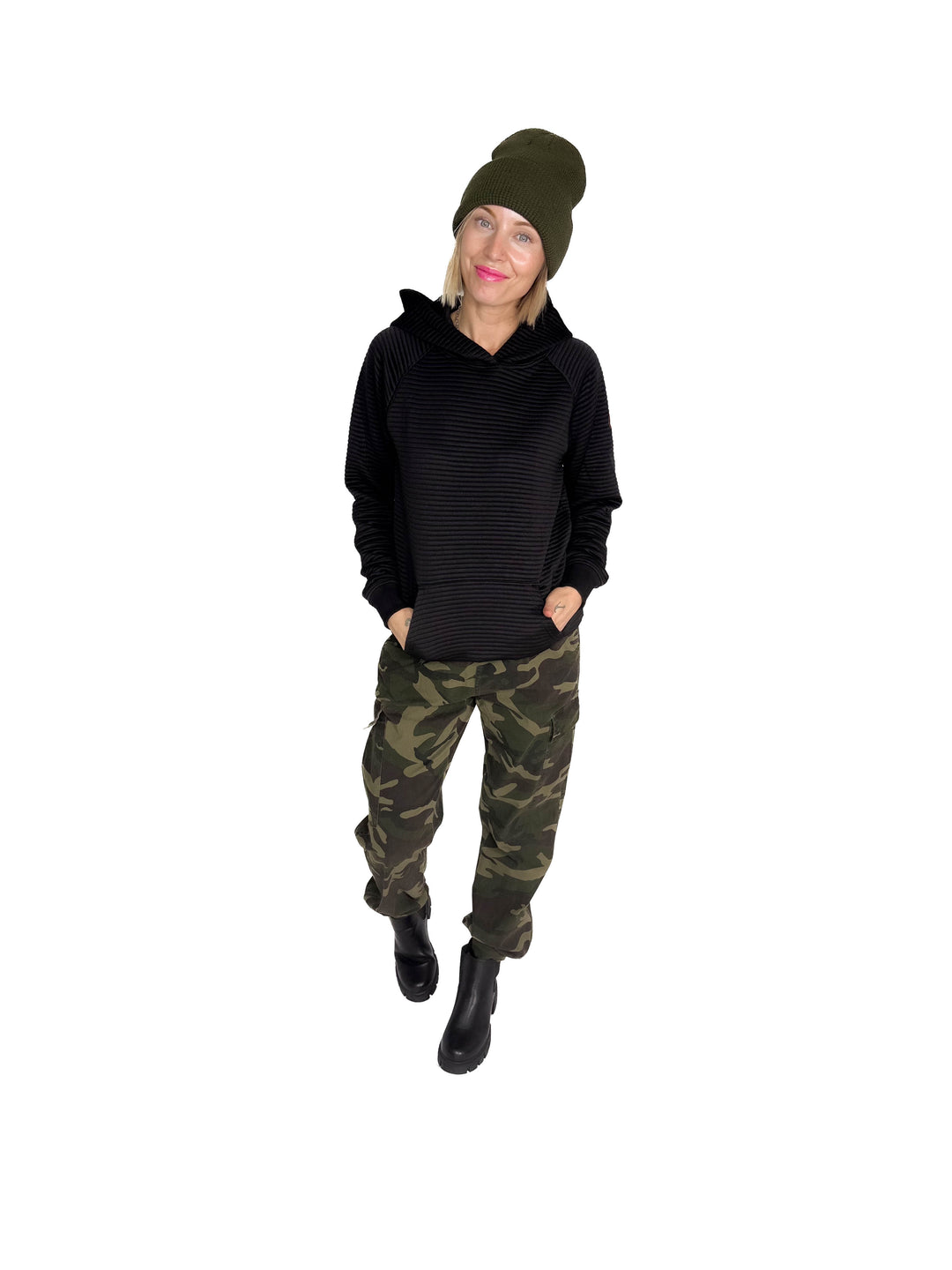 MICHELLE MAE Tatum Textured Hoodie- BLACK