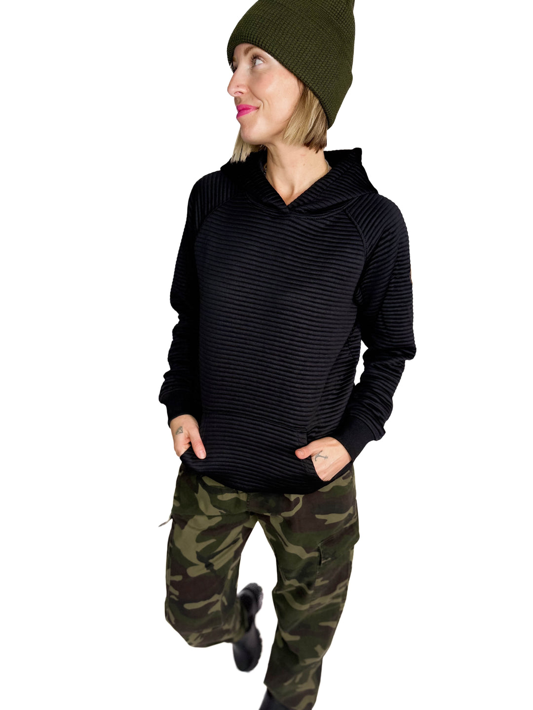 MICHELLE MAE Tatum Textured Hoodie- BLACK