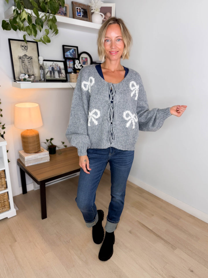 Pinella Ribbon Cardigan- HEATHER GREY