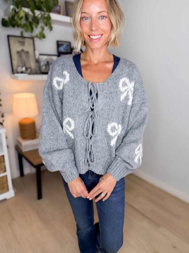 Pinella Ribbon Cardigan- HEATHER GREY