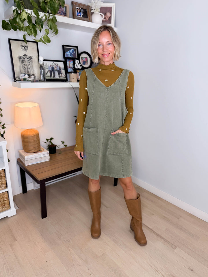 Duselle Stretch Denim Overall Mini Dress- ASH GREEN