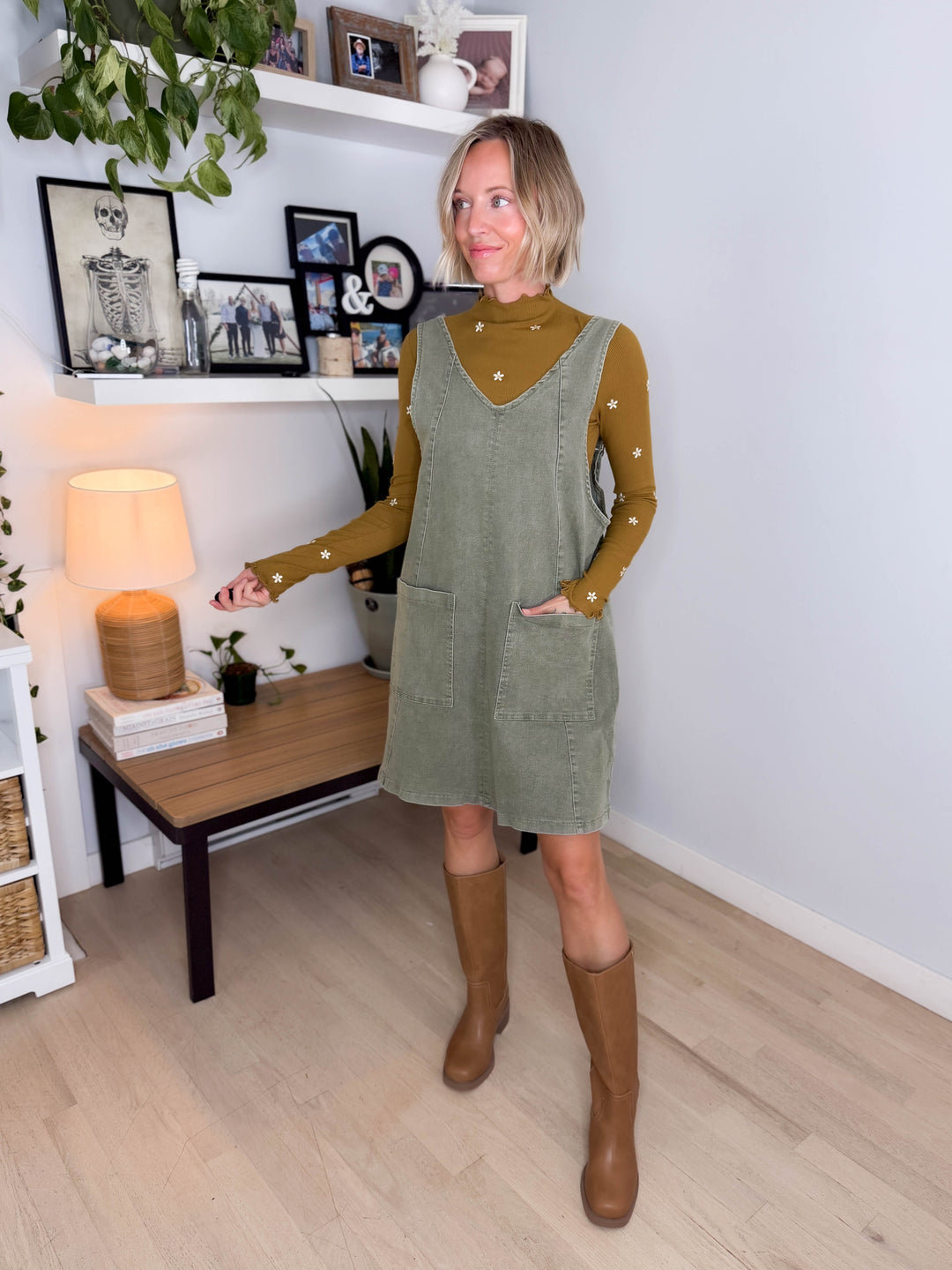 Duselle Stretch Denim Overall Mini Dress- ASH GREEN