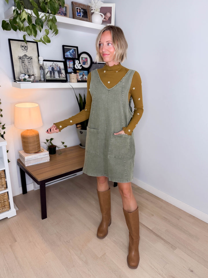 Duselle Stretch Denim Overall Mini Dress- ASH GREEN