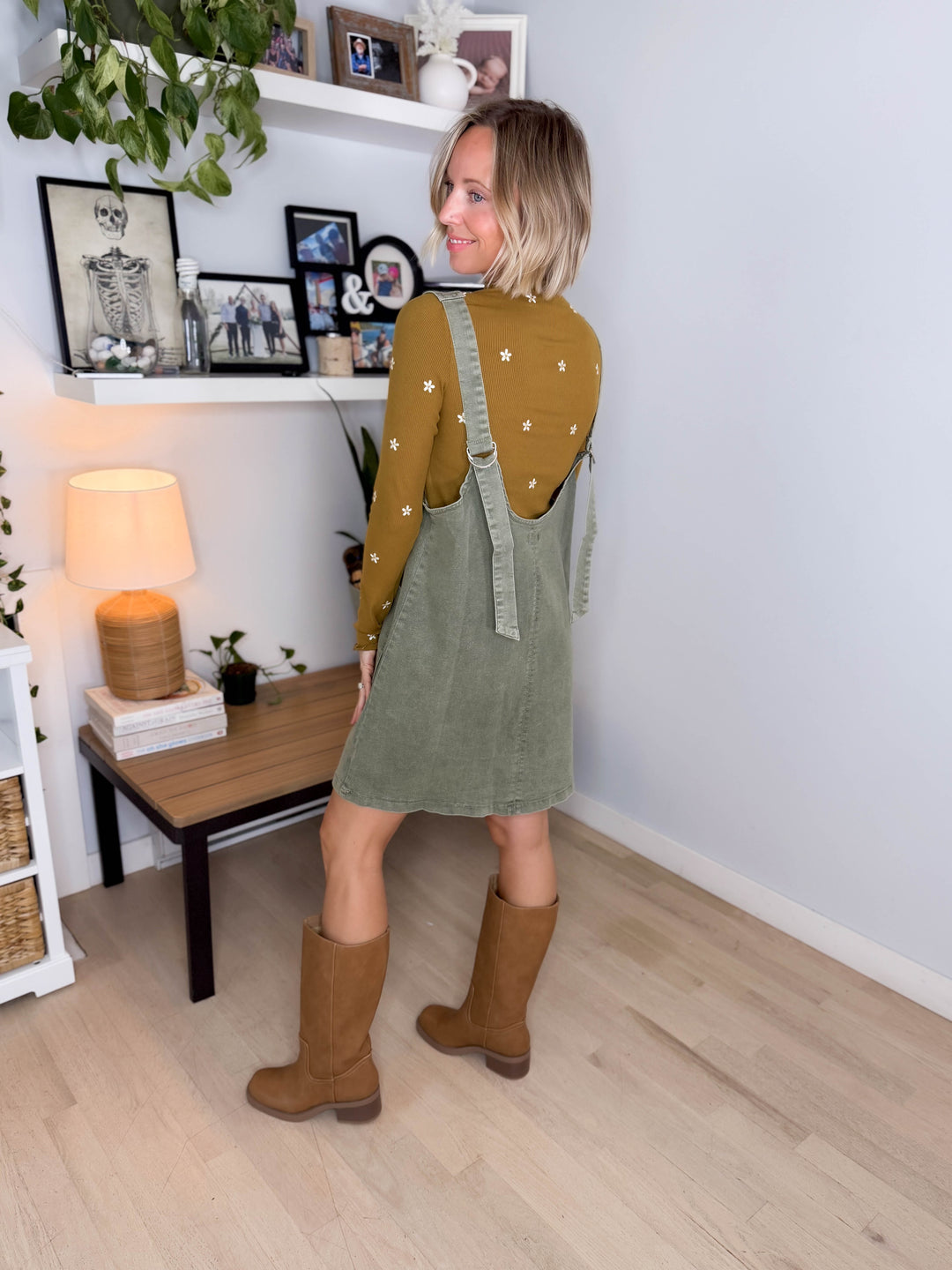 Duselle Stretch Denim Overall Mini Dress- ASH GREEN