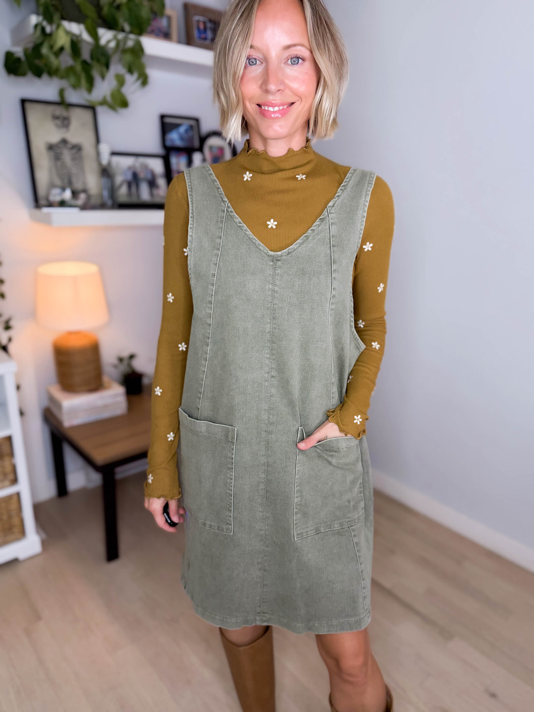 Duselle Stretch Denim Overall Mini Dress- ASH GREEN
