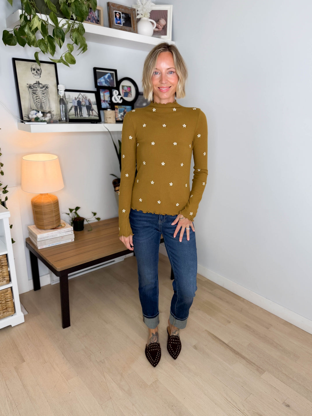 Mila Mock Neck Cabbage Hem Long Sleeve Top- DARK MUSTARD