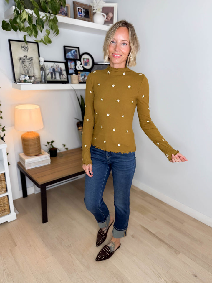 Mila Mock Neck Cabbage Hem Long Sleeve Top- DARK MUSTARD