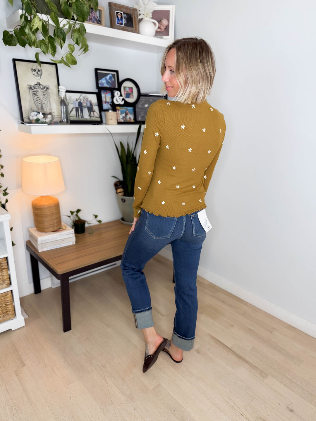 Mila Mock Neck Cabbage Hem Long Sleeve Top- DARK MUSTARD