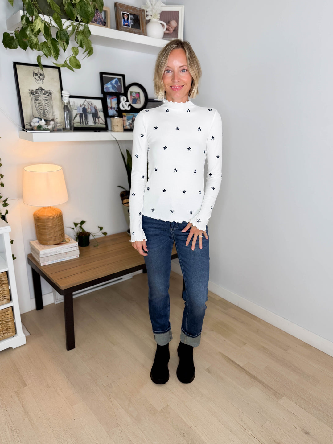 Mila Mock Neck Cabbage Hem Long Sleeve Top- WHITE