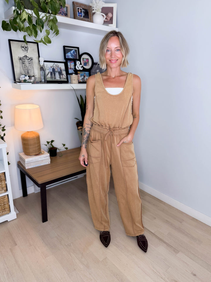 Amery Mineral Washed Jumpsuit- CAMEL