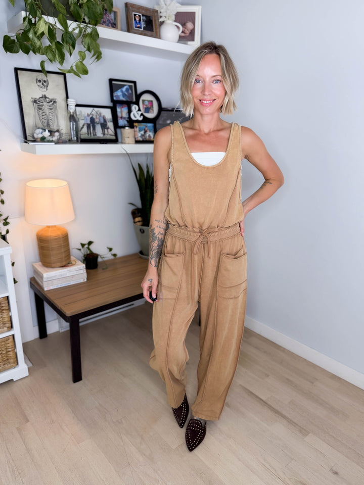 Amery Mineral Washed Jumpsuit- CAMEL