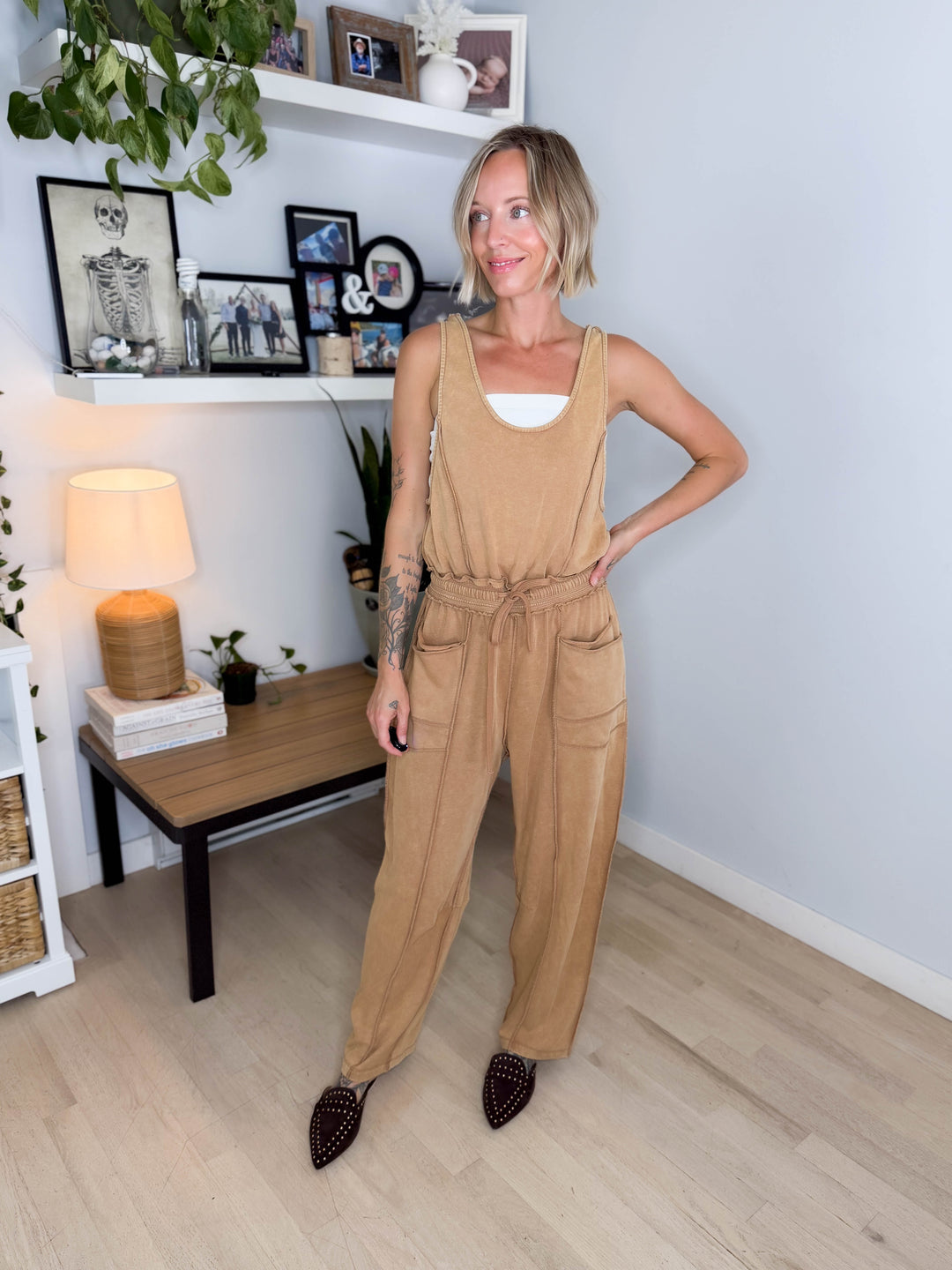 Amery Mineral Washed Jumpsuit- CAMEL