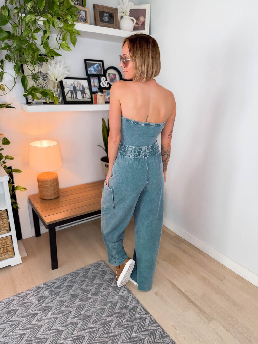 Whitney Strapless Cargo Jumpsuit- DARK TEAL