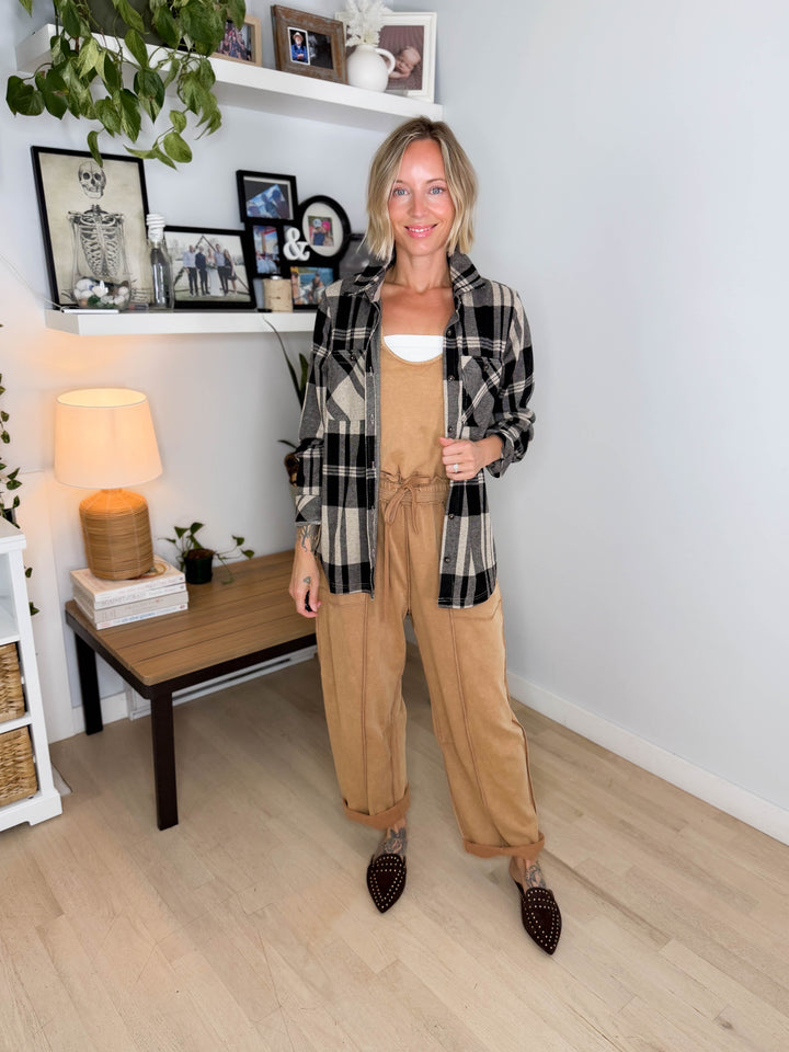 Arabella Plaid Button Up Shacket- TAN/BLACK