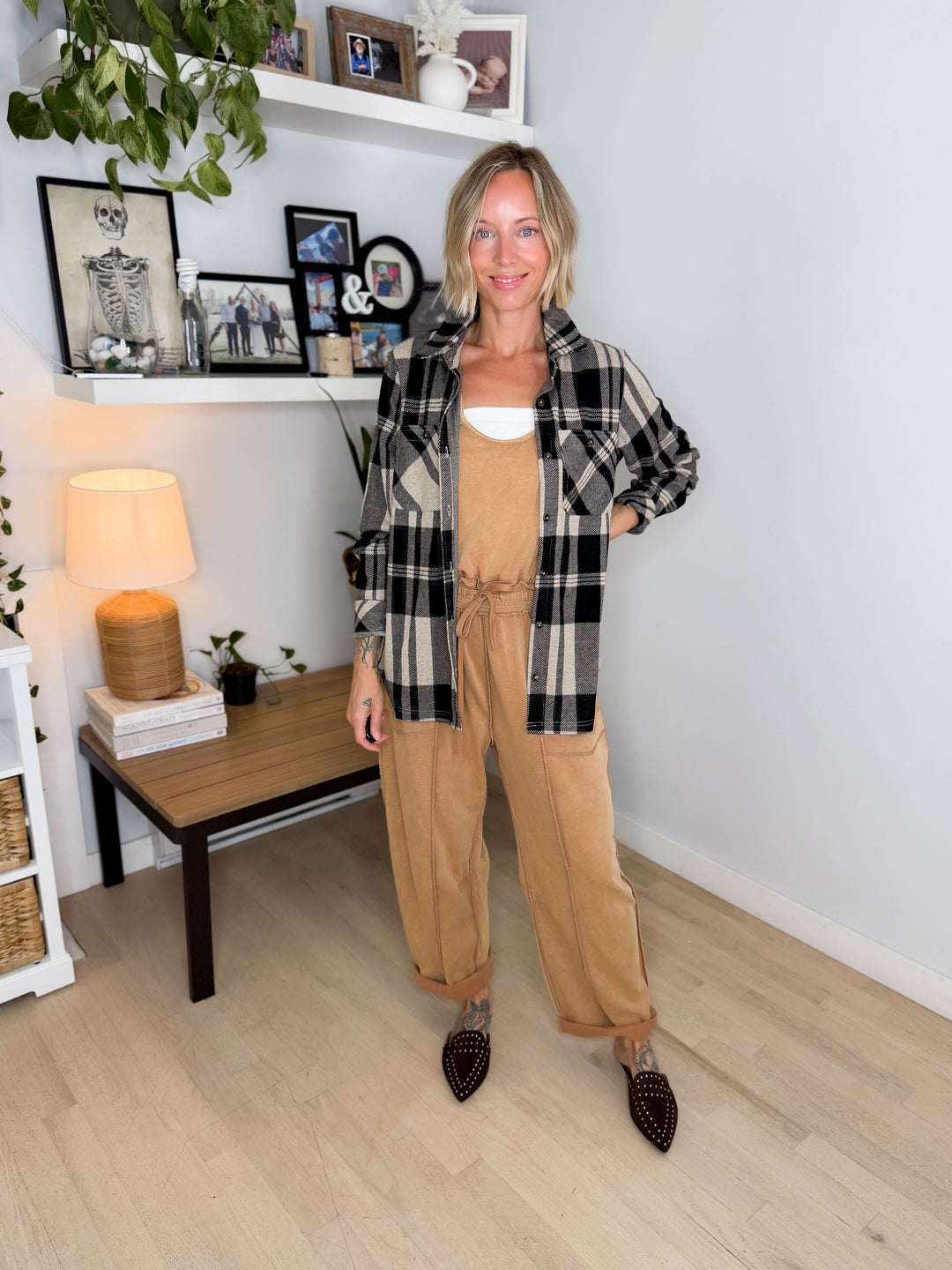 Arabella Plaid Button Up Shacket- TAN/BLACK