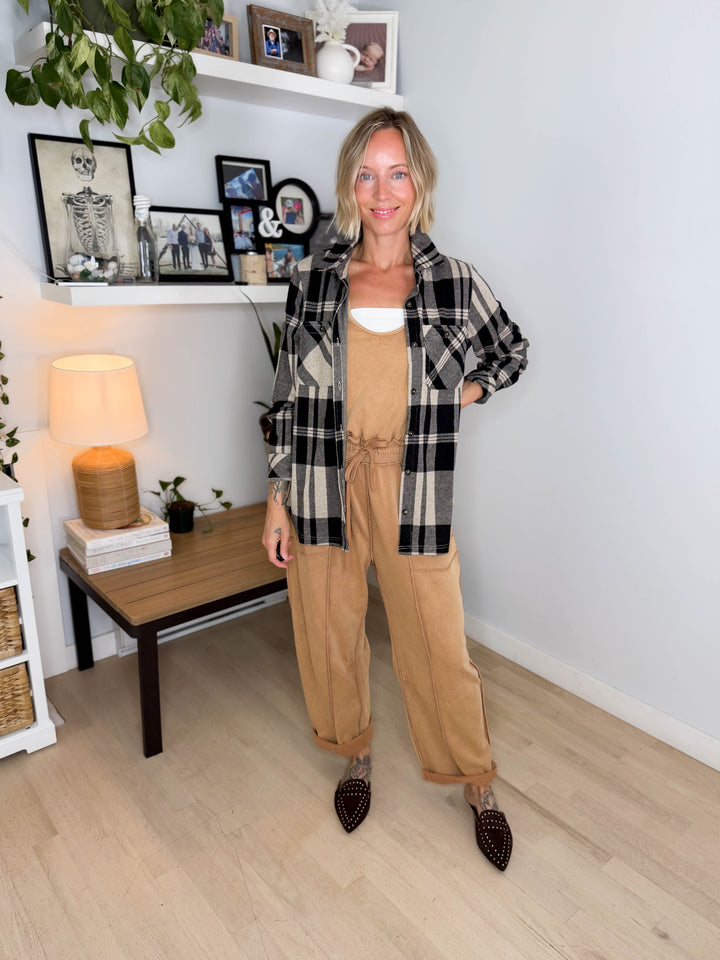 Arabella Plaid Button Up Shacket- TAN/BLACK