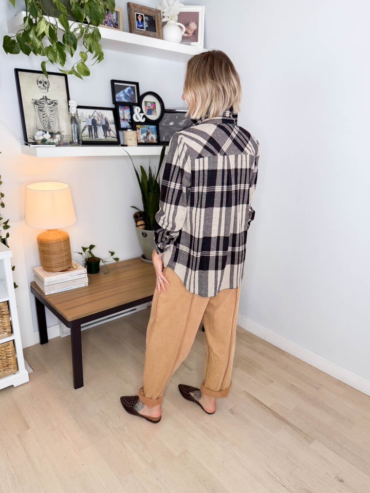 Arabella Plaid Button Up Shacket- TAN/BLACK