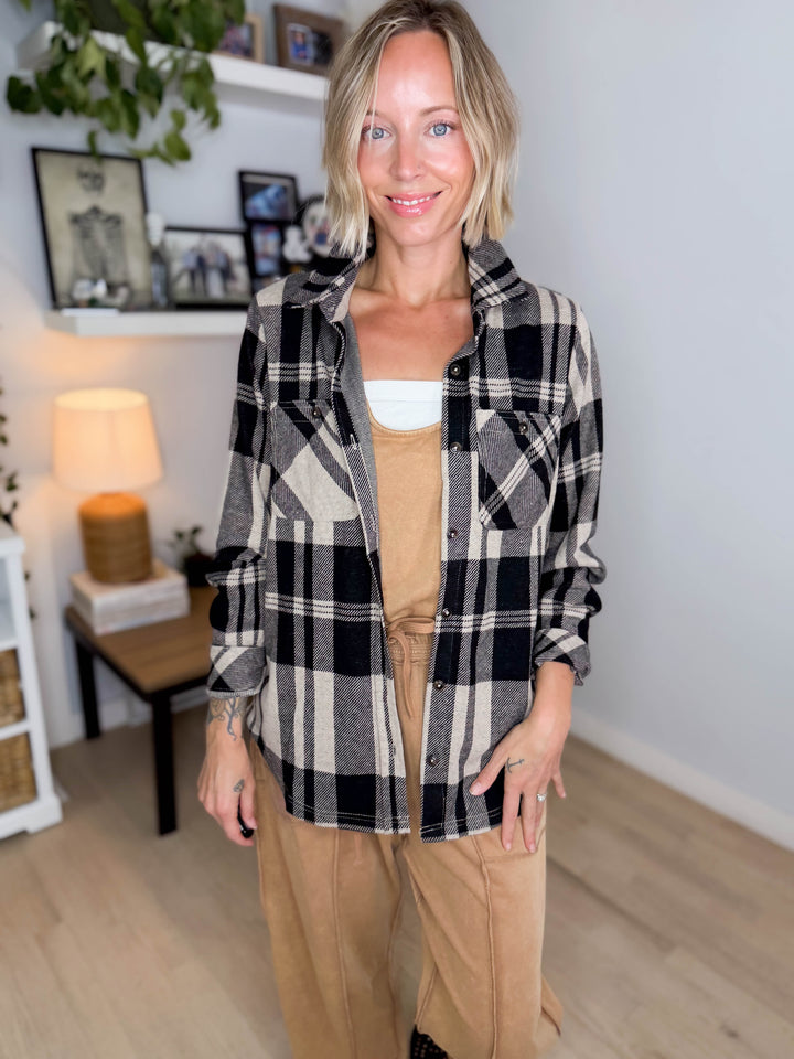 Arabella Plaid Button Up Shacket- TAN/BLACK