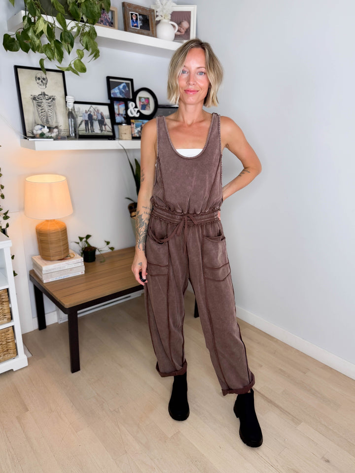 Amery Mineral Washed Jumpsuit- CHOCOLATE
