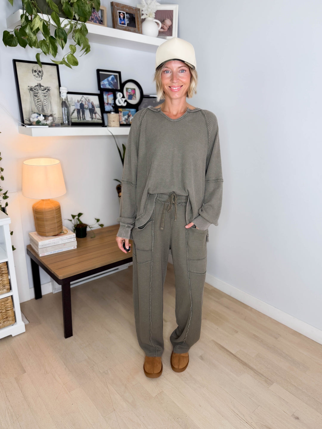 Jade Waffle Long Sleeve and Barrel Pant Set- OLIVE