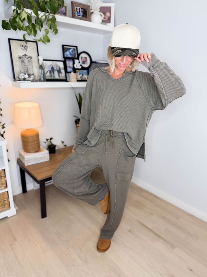 Jade Waffle Long Sleeve and Barrel Pant Set- OLIVE