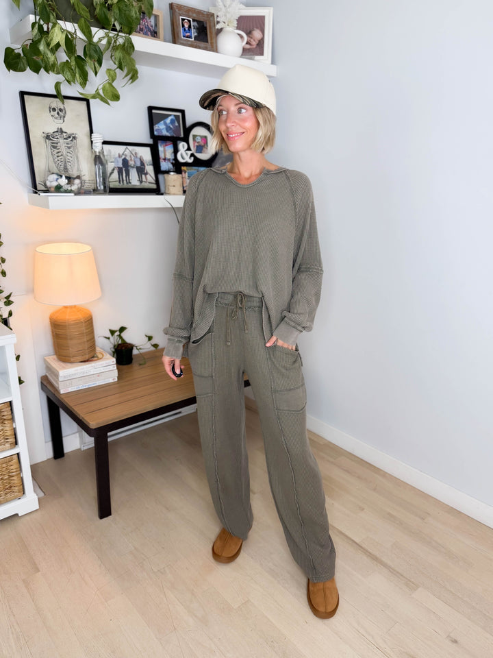 Jade Waffle Long Sleeve and Barrel Pant Set- OLIVE