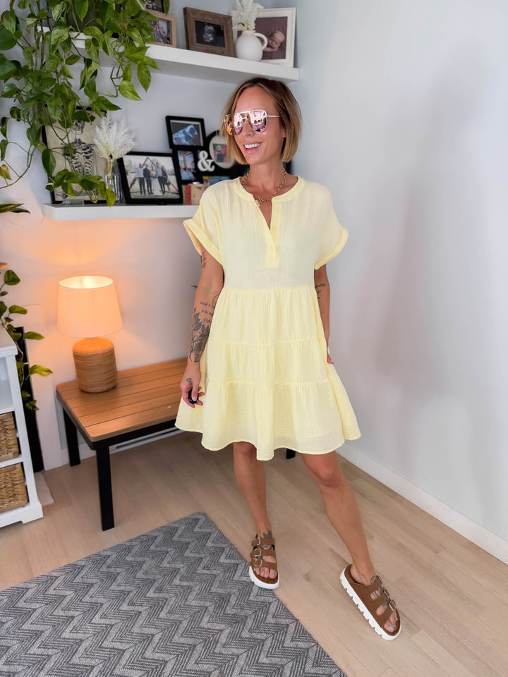 Cloud Cotton Gauze Babydoll Mini Dress- BANANA PUDDING