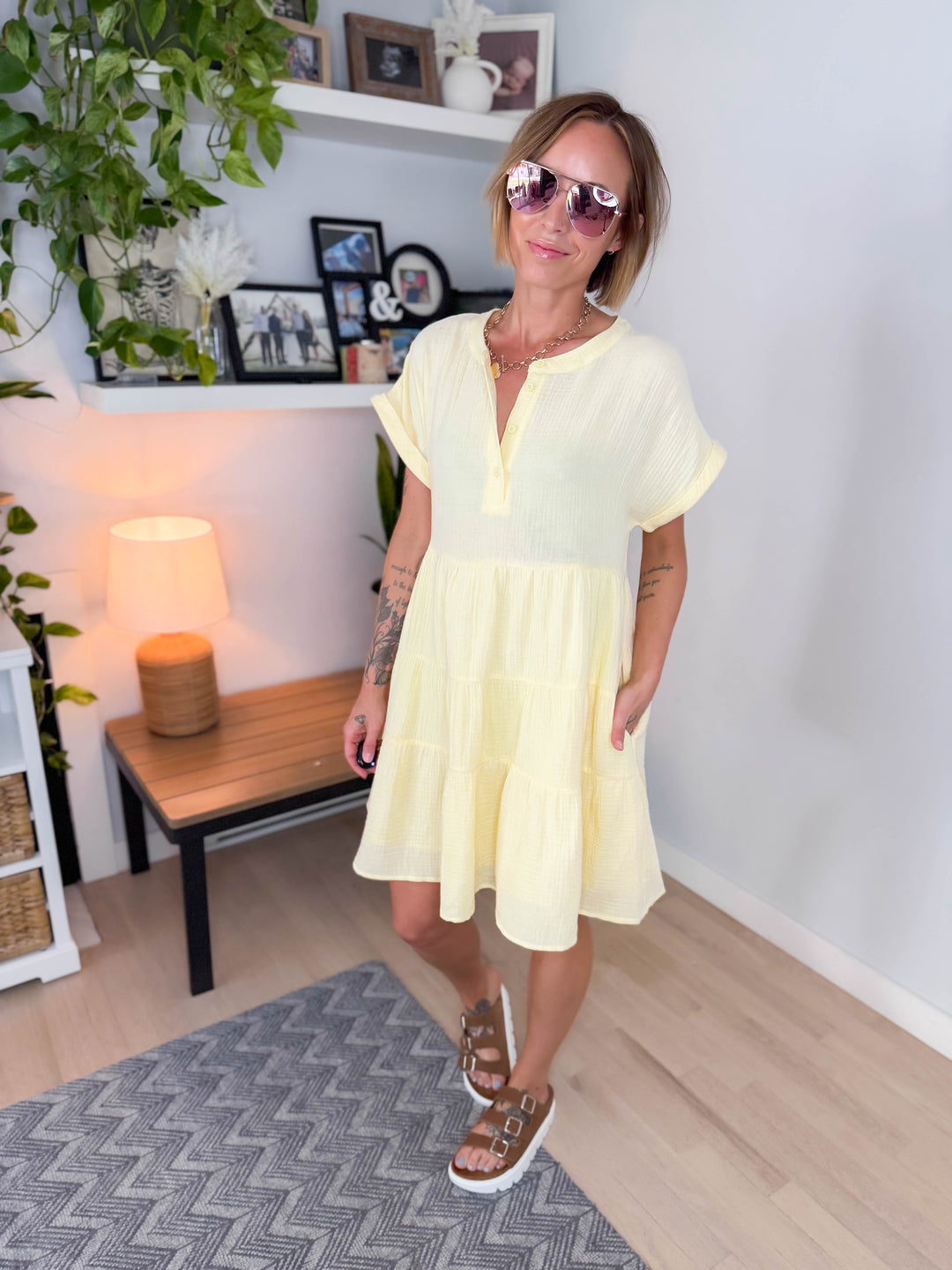 Cloud Cotton Gauze Babydoll Mini Dress- BANANA PUDDING