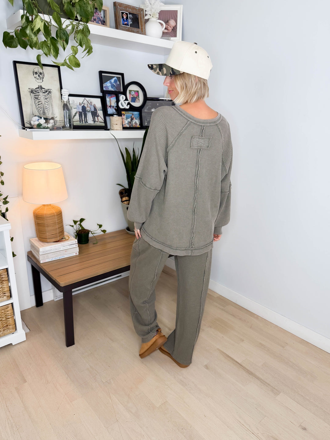 Jade Waffle Long Sleeve and Barrel Pant Set- OLIVE