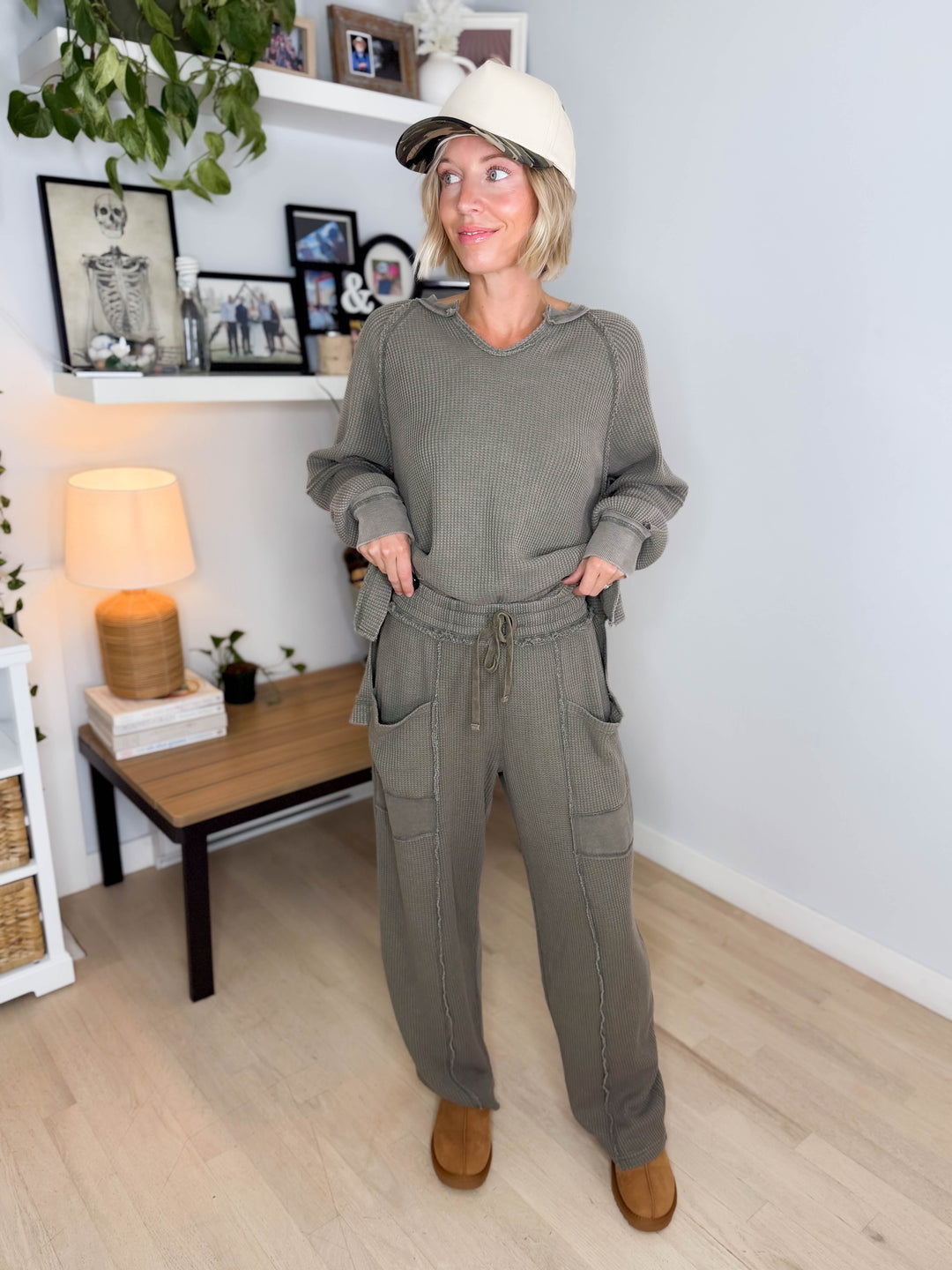 Jade Waffle Long Sleeve and Barrel Pant Set- OLIVE